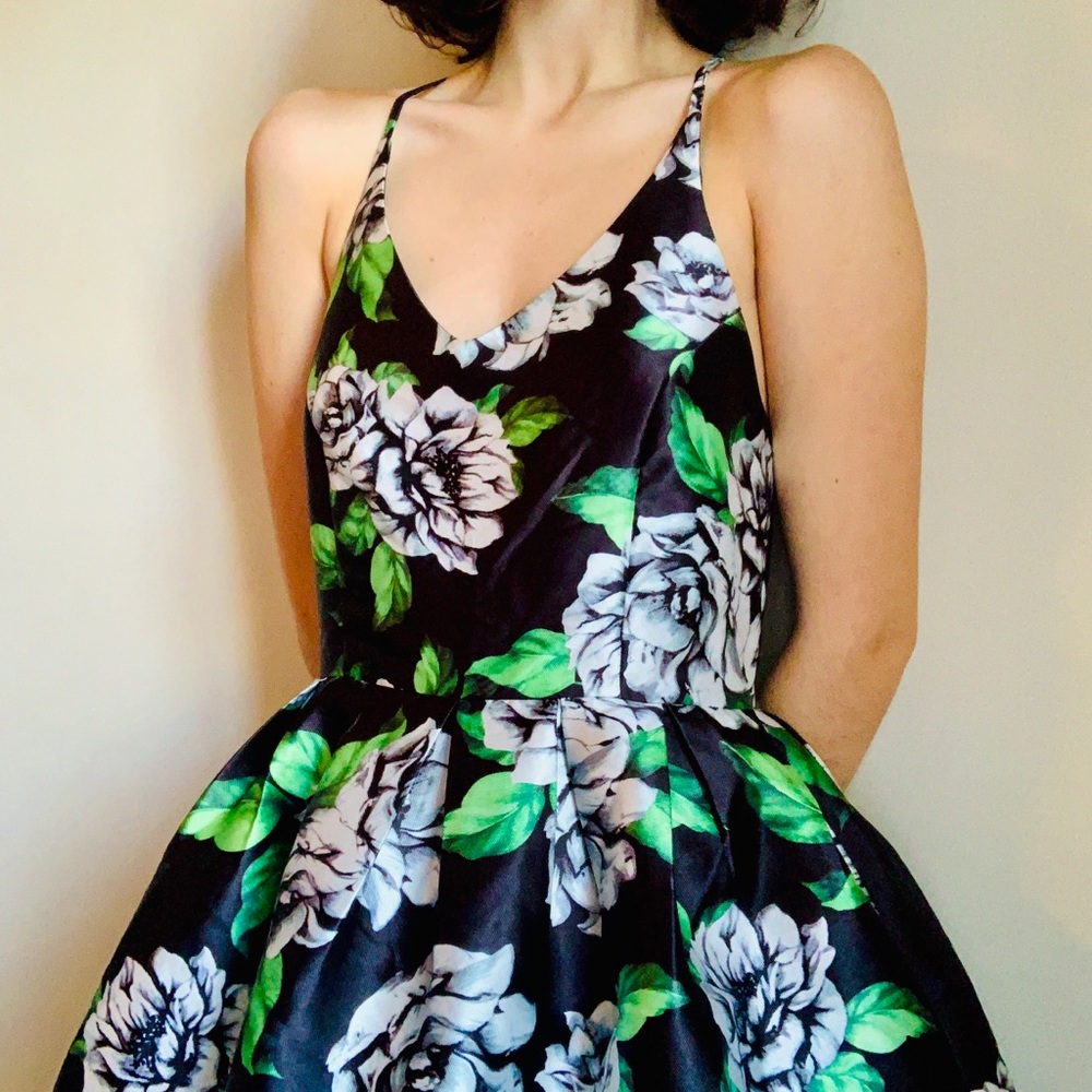 Black Fit and Flare Floral Print Dress